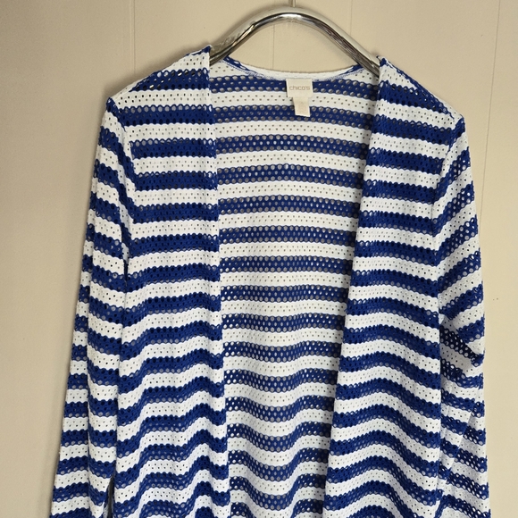 Chico's striped Tess long sleeve open front cardigan blue white mesh breezy 3 XL - Picture 3 of 10